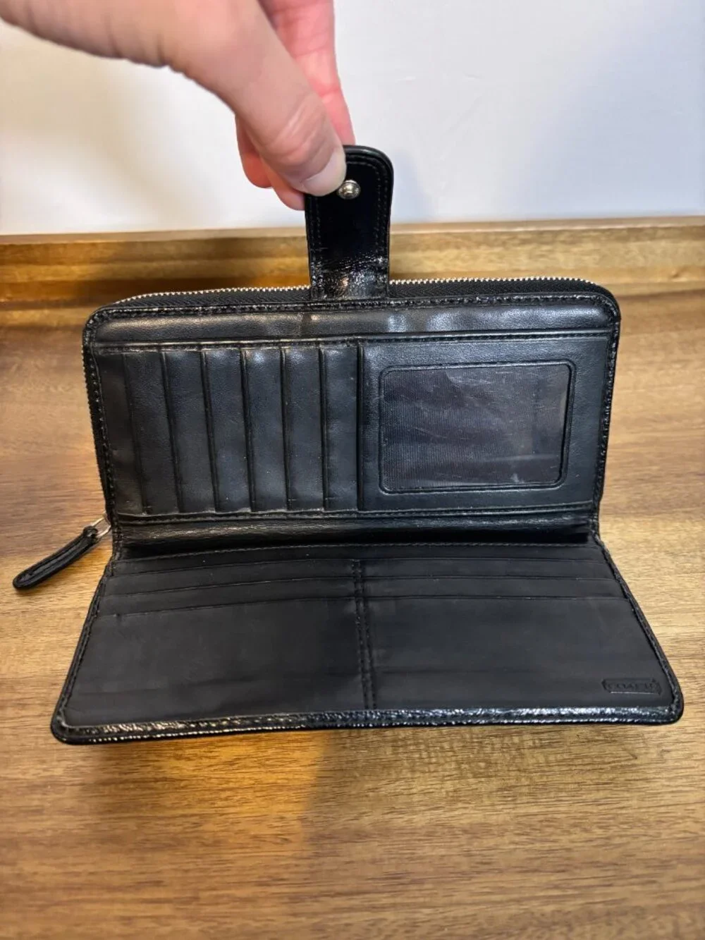 Coach Black Signature White Black Stripe Zip Around Accordion Wallet